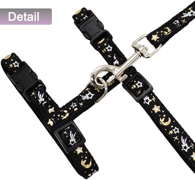 Cat Harness and Leash Set for Outdoor Walking Escape Proof Adjustable Soft Safety Strap with Golden Star and Moon Design Glow in The Dark Black Medium