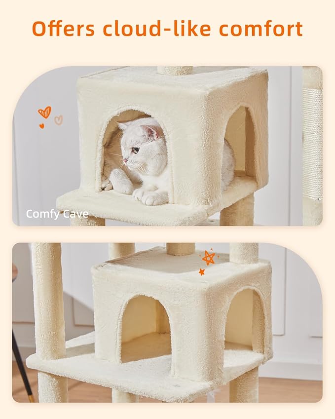 Taoqimiao Cat Tree, 61-Inch Cat Tower for Indoor Cats, Plush Multi-Level Cat Condo with 5 Scratching Posts, 2 Perches, 2 Caves, Hammock, 2 Pompoms, Beige MS013SM