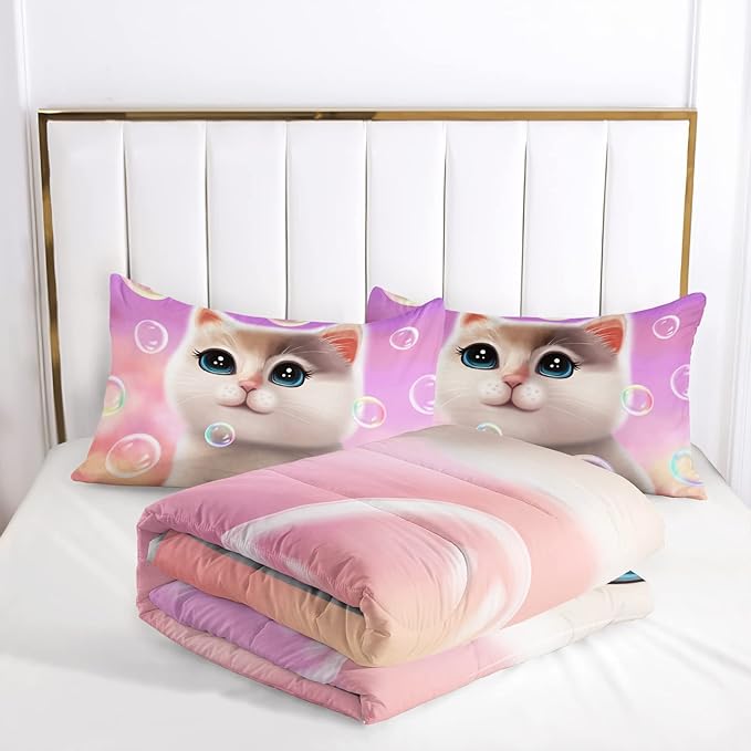 AILONEN Kawaii Cat Comforter Set Full Size, Bubble Lovely Hairy Cat Bedding for Kids Girl and Toddler,Soft and Lightweight 3Pcs (1 Comforter + 2 Pillowcases) Pink