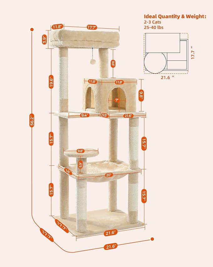 PETEPELA 56.3 Inches Multi-Level Cat Tree Cat Tower with Sisal Covered Scratching Posts, Comfort Condo, Extra Large Hammock and Plush Perches Beige