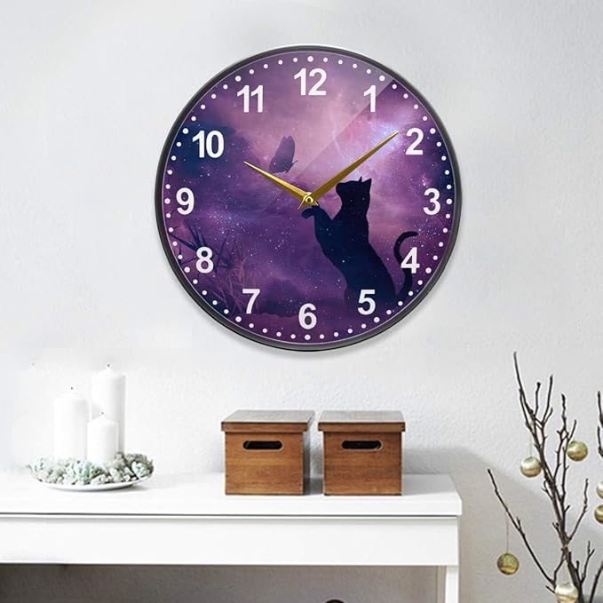 ALAZA Cat and Butterfly in Purple Galaxy Starry Wall Clock Battery Operated Silent Non Ticking Clocks for Living Room Decor 12 Inch / 9.5 Inch