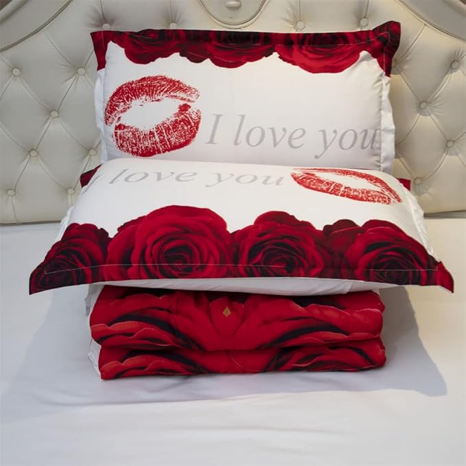 3D Comforter Set Twin - Red and White Rose Print Comforter Set Twin Size Floral Room Decor Bedding Set Aldult Quilt with 2 Pillowcases for All Seasons