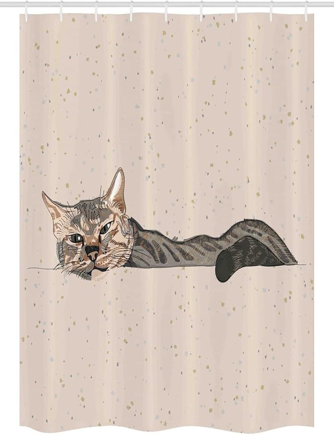 Ambesonne Cat Stall Shower Curtain, Lazy Sleepy Cat in Earth Tones Furry Mascot Indoor Pet Art Illustration, Fabric Bathroom Decor Set with Hooks, 54" W x 78" L, Grey Beige