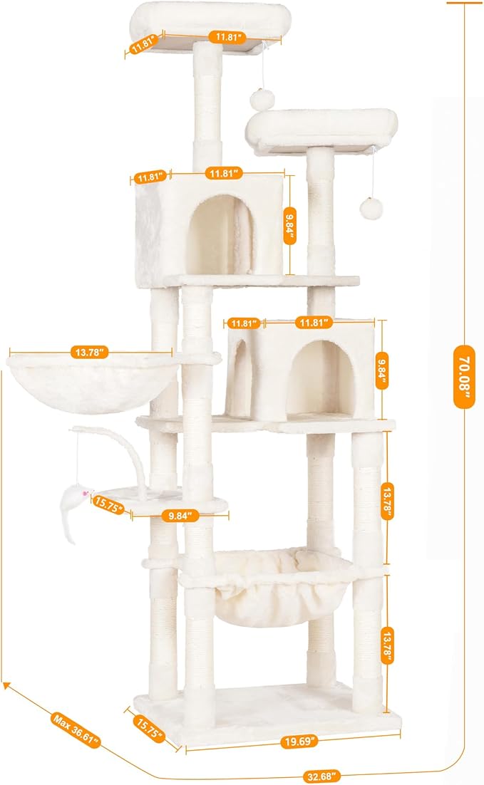 Heybly Cat Tree, 70 inches Tall Cat Tower condo with Toy for Indoor Large Cats, Cat House Furniture with Padded Plush Perch, Cozy Hammock and Sisal Scratching Posts,Beige HCT032M