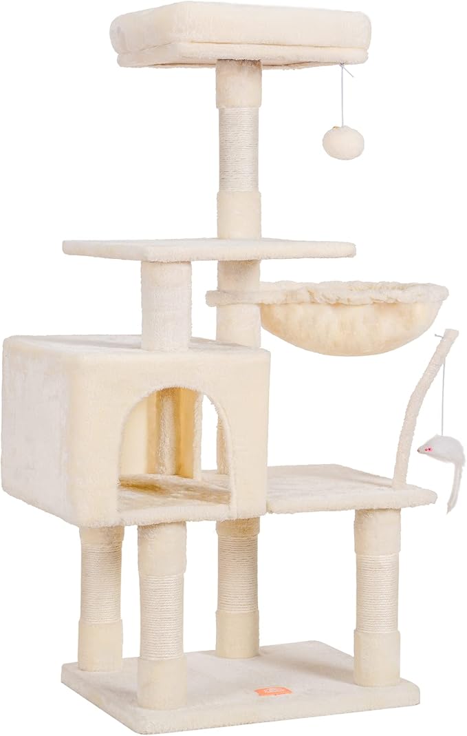 Heybly Cat Tree with Toy, Cat Tower condo for Indoor Cats, Cat House with Padded Plush Perch, Cozy Hammock and Sisal Scratching Posts, Beige HCT004M