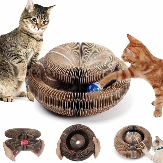 Kitty Toy, Magic Cat Scratching Board, Interactive Scratch Pad with a Ball, Cat Scratcher for Grinding Claw, Recyclable and Durable, Furniture Protector, Retractable, Brown, Reversible