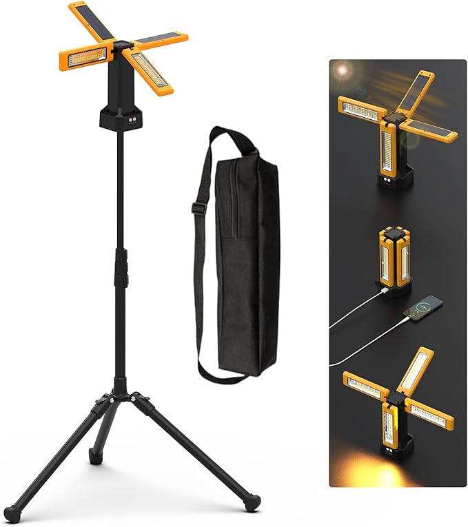 13200mAh Rechargeable Solar Work Light with Folding Stand Support and Portable Carrying Bag, 8000 Lumen Stepless Dimmable, 4 Lighting Modes, White/Warm/Warm White (Standard)