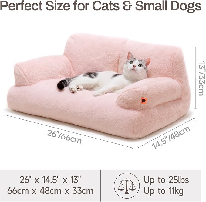 MEWOOFUN Pet Couch Bed, Washable Cat Beds for Medium Small Dogs & Cats up to 25 lbs, Dog Beds with Non-Slip Bottom, Fluffy Cat Couch, 26×19×13 Inch (Pink)