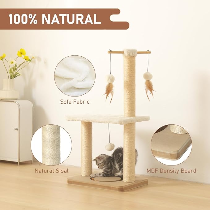 PEEKAB Cat Scratching Post 31in Tall Sisal Scratch Posts with Perch Tracking Interatcive Toys Vertical Scratcher for Indoor Cats and Kittens,Three Hanging Ball Self Massage Brush Beige