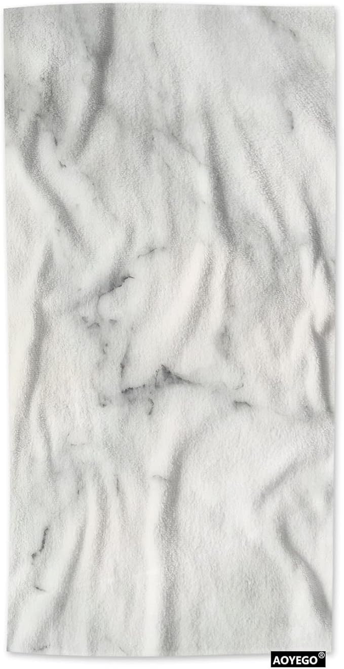 AOYEGO White Marble Bath Towel Art Floor Decoration Rock Nature Spots Stone Beach Bath Towels Soft Microfiber Yoga/Golf/Swim/Hair/Face Towels 15x30 Inch