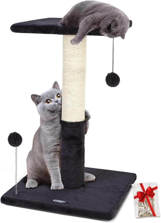Happi N Pets 26" Cat Scratching Post with Perch, Natural Sisal Scratchers Trees for Indoor Cats, Featuring with Hanging Balls & Cozy Cat Bed, Stable Cat Scratch Posts for Kittens-Smoky Gray