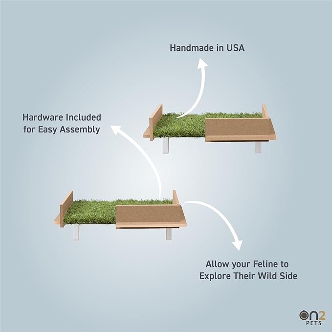 On2 Pets Cat Shelves Wall-Mounted Cat Trees Cat Furniture for Climbing, Playing and Relaxing, Set of 2, Indoor Cat Shelf Made in USA… (Zen Green, Box)