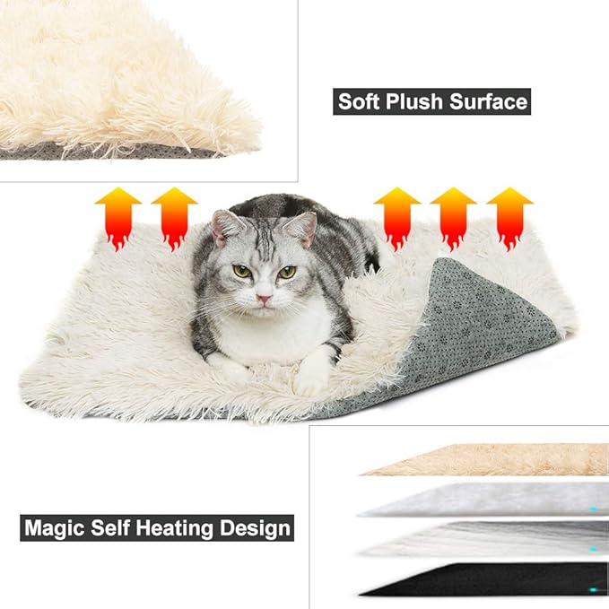 PUPTECK Furry Self Warming Cat Bed Mat - Foldable Convertible Thermal Cat Sleeping Bag Pad, Comfy Pet Heated Nest Mat Anti-Slip for Cat & Puppy