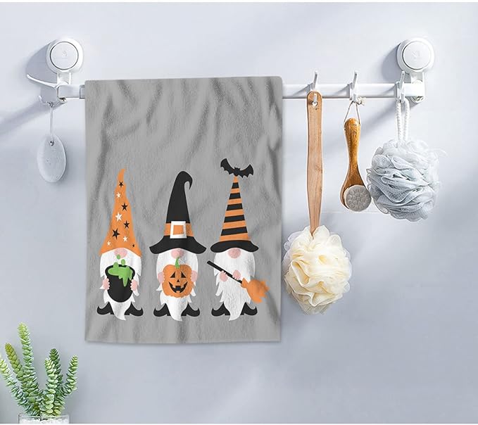 AOYEGO Halloween Gnome Hand Towels Tomte Holding Pumpkin Groom Orange Black Hats Kitchen Bath Towels Bathroom Decor Soft Beach Microfiber Hair Towels 15x30 Inch