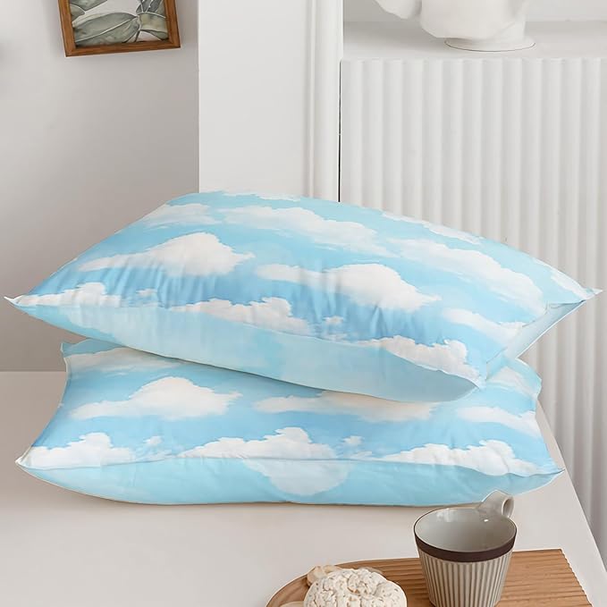 Axolotl Blue Cloud Comforter Set Twin - Sky Blue Bedding Set with Clouds Design - 1 Quilt, 2 Pillowcases