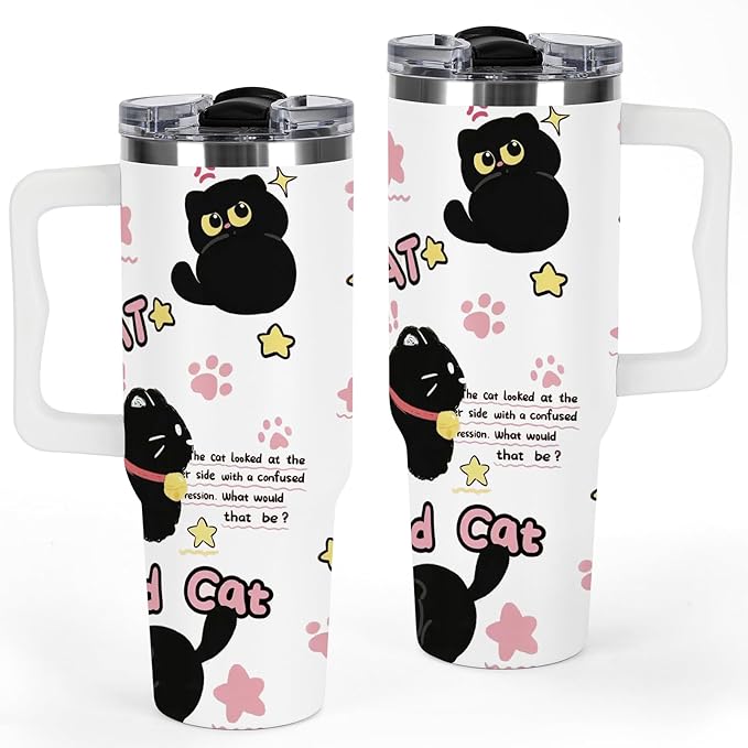 40 oz Tumbler with Handle and Lid, Cat Lover Gift for Women, Stainless Steel Coffee Mug Cat Cup with Handle Christmas Birthday Gift for Mom Wife Girls Insulated Tumbler