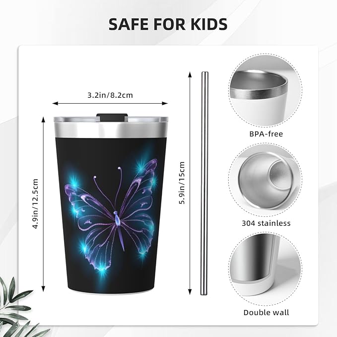12 OZ Insulated Tumbler Mug with Lid Straw, Butterfly Stars Stainless Steel Coffee Cups for Home Travel Office School Gifts