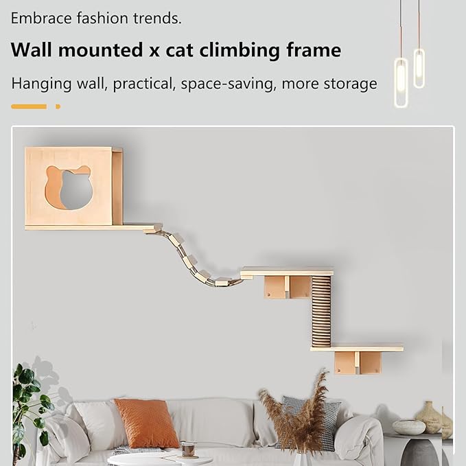 Cat Wall Shelves, 3 Levels Cat Furniture with 1 Condo, 2 Shelves, 1 Scratching Post, 1 Bridge Ladder, Pine Wood