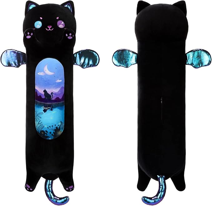 AIXINI Long Cat Plush Pillow Cartoon Cute Black Cat Stuffed Animals, Soft Kawaii Kitten Plushies Pillow Toy for Kids (Moonlight Black,35.4inch)