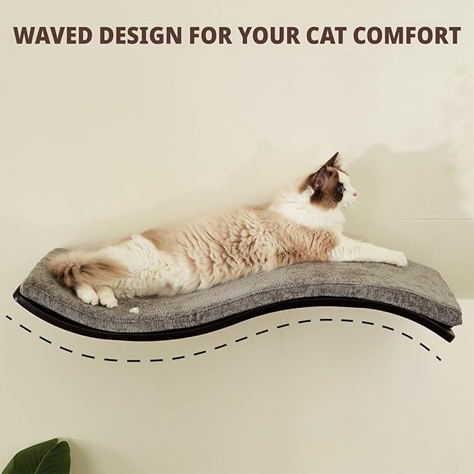 Cat Shelf with Comfortable Cat Cushion - Wave Modern Cat Bed - Minimalistic Floating Cat Wall Perch - Wooden Wall Mounted Cat Furniture for Sleeping, Playing, Climbing, and Lounging, Walnut