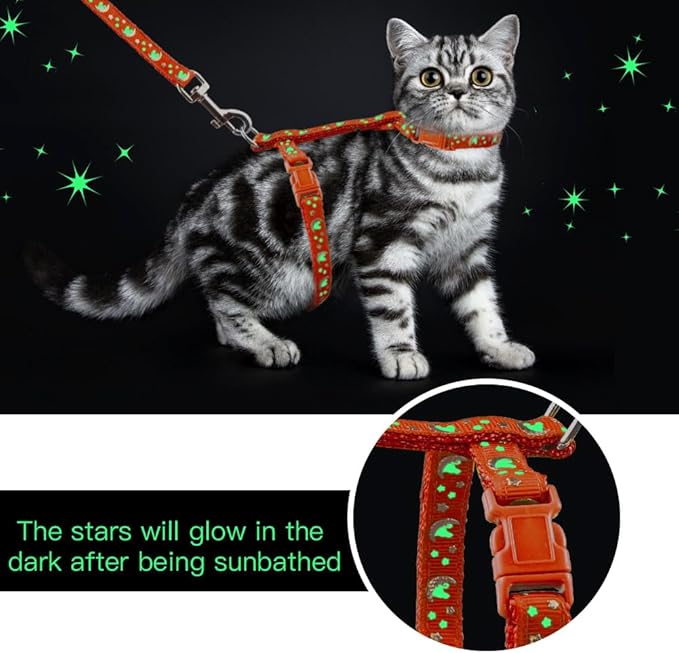 Cat Harness and Leash Set Gold Moons Soft Nylon Escape Proof Adjustable for Kittens Small Animals Glow in The Dark(Orange)