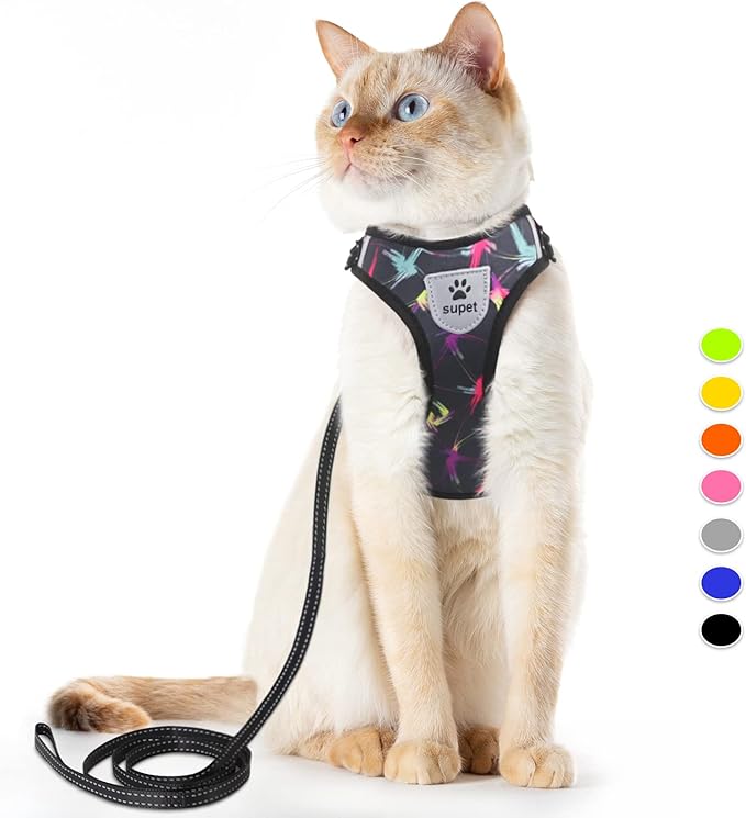 Supet Cat Harness and Leash Set Stylish Escape Proof Cat Vest Harness Adjustable Breathable Pet Harness with Reflective Trim Step-in Cat Leash and Harness for Cats Puppies M（Chest:11.0-18.3'' Black
