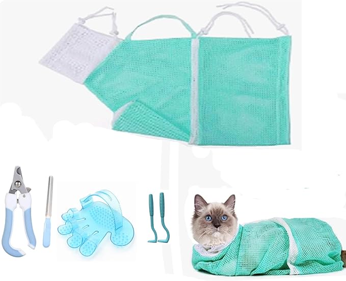 6 Pieces Cat Bathing/Grooming Bag, Adjustable Cat Shower Net Bag and Pet Nail Clippers, Nail File, Grooming Gloves, Tick Tool，Pet Dog and Cat Nail Trimming Check.