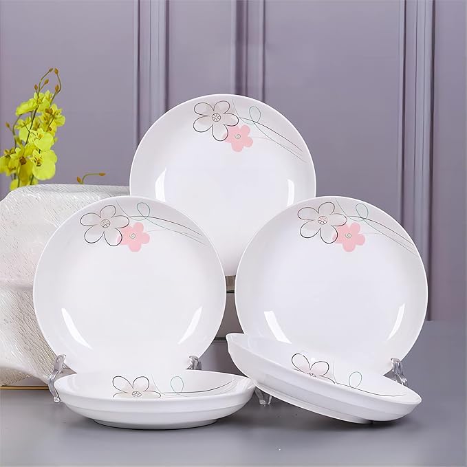 5 Pack Porcelain Plates with Pink Flower Pattern, 7 inch Large Dessert Salad Ceramic Dinner Plates, Porcelain Dessert Dishes for Steak, Pasta, Pizza, Appetizer ( Dishwasher Safe & Microwave Safe)