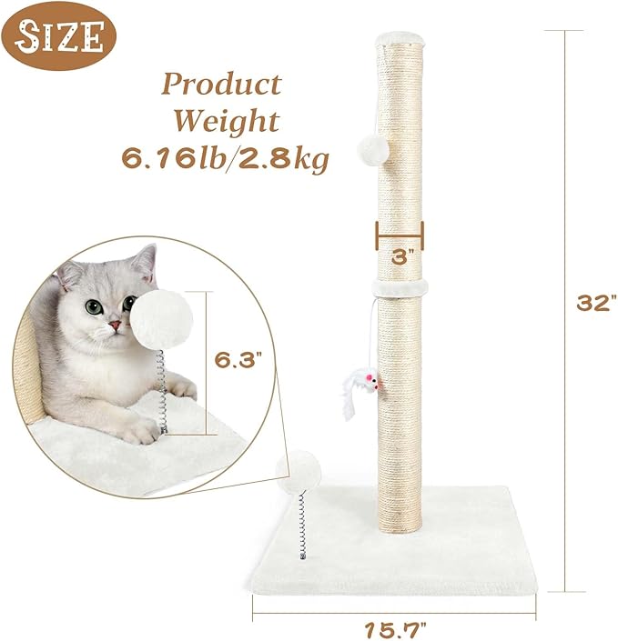 ANWA 32" Tall Cat Scratching Posts for Indoor Cats, 3-in-1 Cat Scratching Post with Plush Toys, Premium Sisal Post for Cats at All Ages with Reinforced Stable Base, Cream White