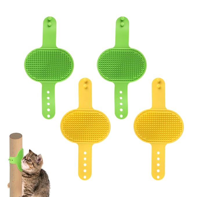 4pcs Cat Self Groomers, Wall Mounted Cat Corner Brush Self Grooming Massage Combs for Pet Cat Face Scratcher Massager Hair Brush for Long Short Fur Cats & Kittens (Green, Yellow)