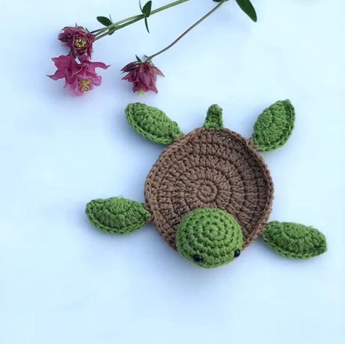 4 Pcs Crochet Tortoise Coasters for Drinks, Funny Handmade Woven Coaster Set, Cute Turtle Shaped Mug Cup Mat Table Desk Decoration