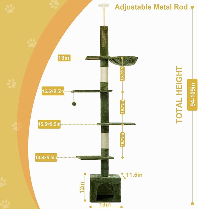 Floor to Ceiling Cat Tree, 5-Tier Height (95-109 inches) - Adjustable Cat Climbing Tower with Sisal Scratching Posts, Cat Condo, Hammock, Platforms, and Hanging Balls