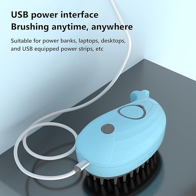 3 in 1 Silicone Grooming Brush for Cats and Dogs - Steamy Massager for Removing Tangles and Loose Hair (Blue)