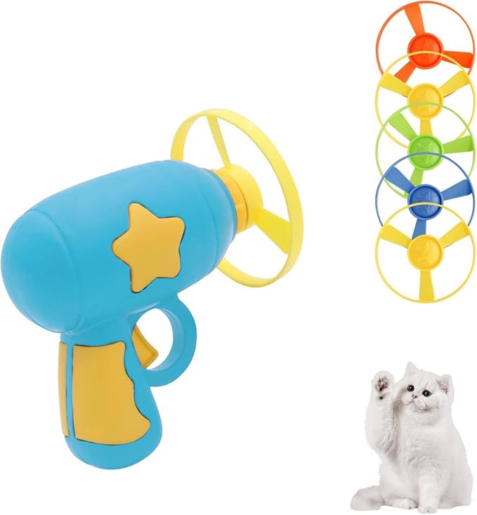 Andiker Cat Fetch Toy, Interactive Cat Flying Disc Launcher Toy with 5 Colorful Flying Propellers for Cat Enrichment, Flying Saucer Toy for Cat for Training and Chasing (Blue)