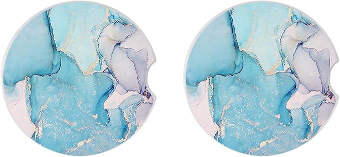 Absorbent Car Coasters 2 Pack for Cup Holders Set for Women/Men, 2.56" Ceramic Stone & Non-Scratch Cork Base Drink Coasters Golden Blue Marble.