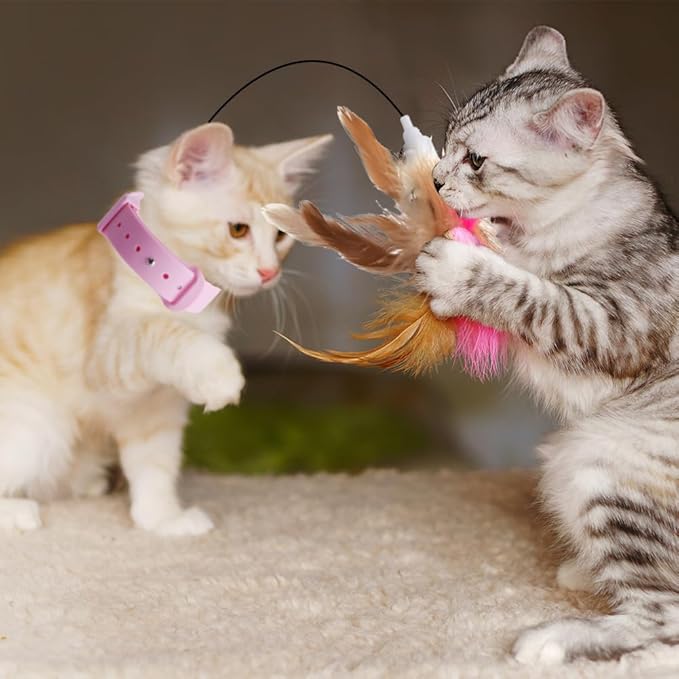 Abnaok Cat Feather Collar Toys, Interactive Cat Toys for Indoor Cats Teasing Wand Collar Funny Cat Toy with Bell and Replaceable 3 Feathers Refills Multiple Ways for Cats to Play
