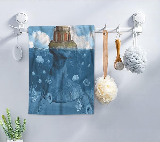 AOYEGO Lighthouse Hand Towel Aqua Blue Ocean Water Coast Reef Seagull Algae Fish Bubble Cloud Rock Beach Bath Towels Soft Microfiber Yoga/Golf/Swim/Hair/Face Towels 15x30 Inch