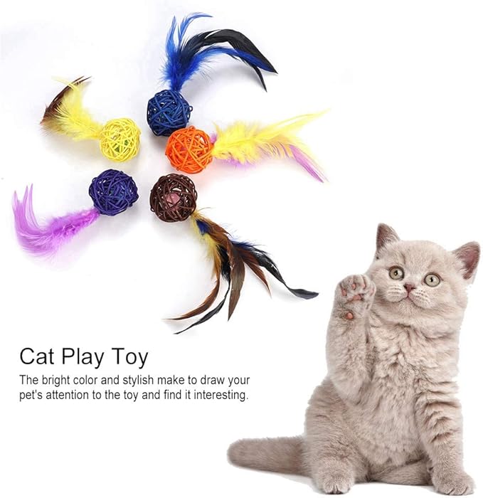 5PCS Cat Catch Chewing Toys, Pet Kitten Kitten Plush Play Toy CInteractive Chaser Teaser Toy olorful Rattan Balls with Feather Ring Bell Playthings for Cats Puppy Kitty Kitten Pets Novelty Gift