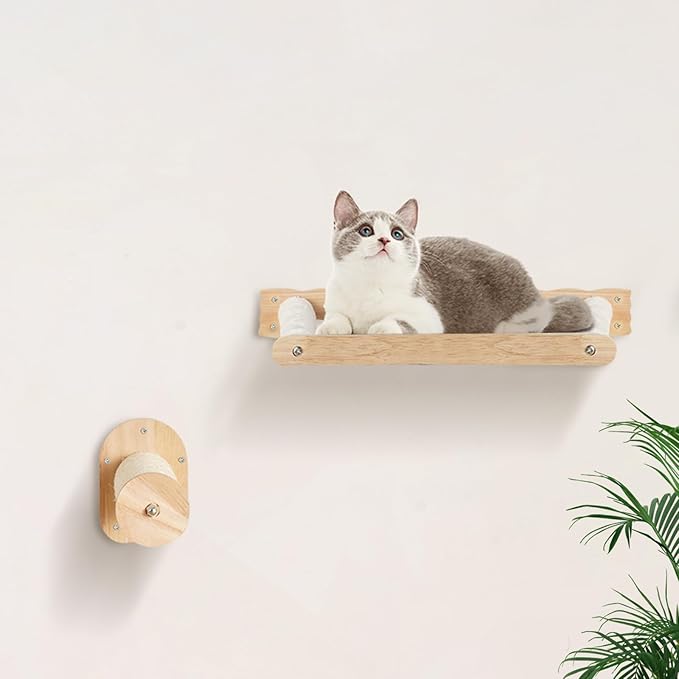 VEVOR Wall Mounted Cat Shelves, Cat Wall Shelves and Perches with Jumping Posts & Hammocks, Cat Furniture Set up to 40 lbs, Removable & Washable Coral Fleece for Sleeping, Playing, Climbing, Set of 4