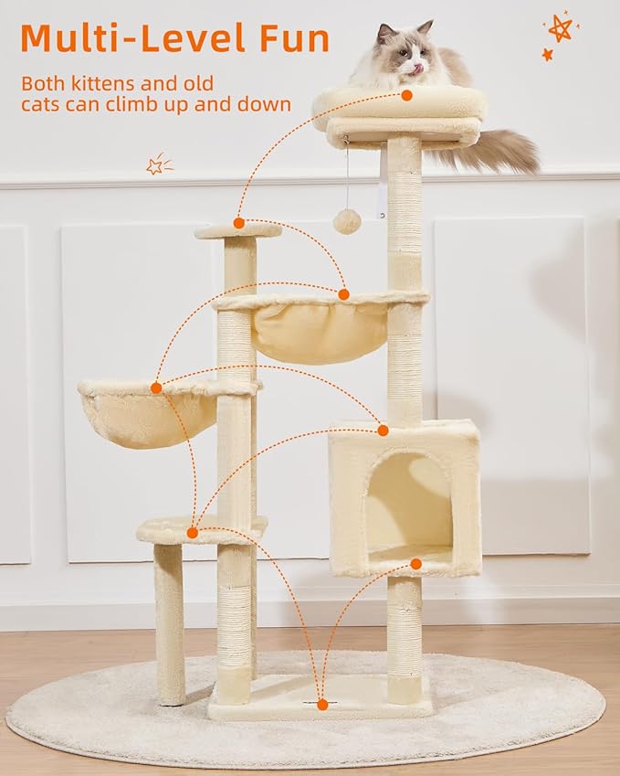 Taoqimiao Cat Tree, 51-Inch Cat Tower for Kittens, Cat Tree Tower with 5 Scratching Posts, Plush Cat Condo with Plush Perch, 2 Hammock, Pompoms, Beige MS019XL-M