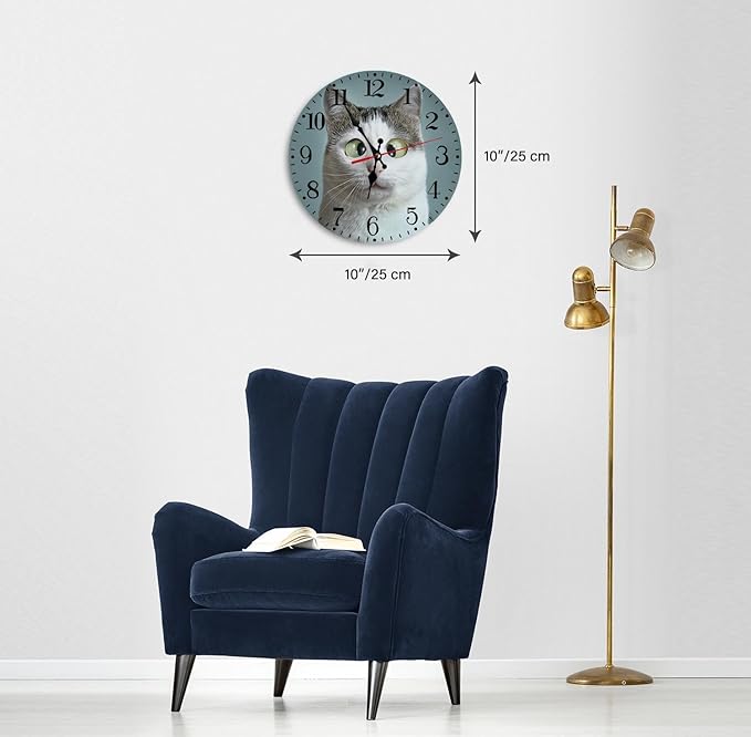 Ansouyi Round Wall Clock Battery Operated Clocks Wallclock 10 Inch,Funny Cute Cat Silent Non Ticking Wall Clock for Living Room,Kitchen,Home,Bathroom,Bedroom,Office or School