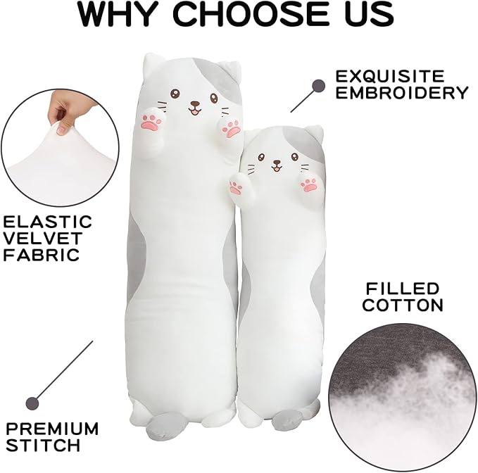 36" Cat Stuffed Animal, Soft Long Pillow Doll Cute Cartoon Kitten Plush Body Pillow Plushies Toy Gift for Kids, Girls, Birthdays, Easter