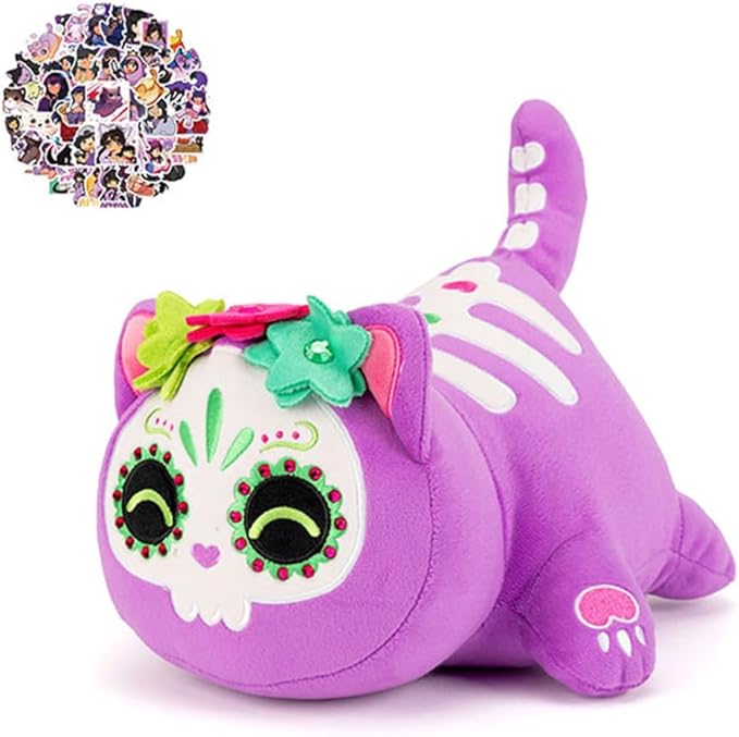 61-PCS 丨 9.8-inches Purple Ghost Cat Plush + 60-Sticker - Cat Plush Collection - 100% Polyester Plushie Pillow Embroidered - Cat Stuffed Animal (Purple Ghost Cat)
