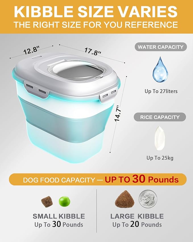 ANVS Dog Food Storage Container - Collapsible Dog Food Container with Airtight Lids, Scoop and 2.5L Small Pet Food Storage Container Dry Food For Dog, Cat and Other Pet Food (Pink, 30 lbs)