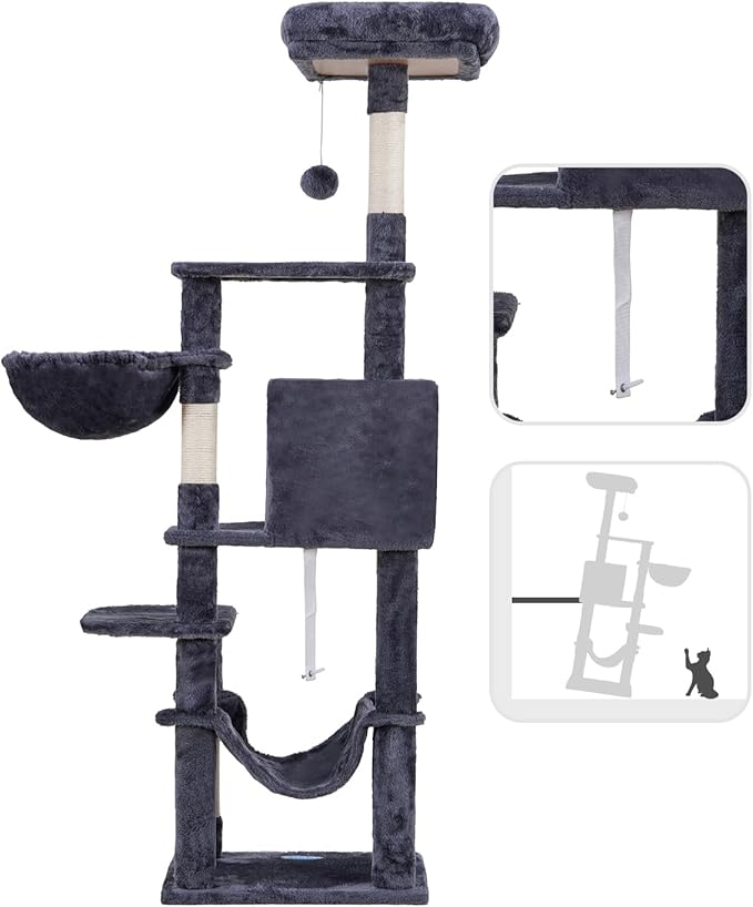 Hey-brother Cat Tree with Large Hammock, Multi-Level Cat Tower for Indoor Cats, Cat Condo with Sisal-Covered Scratching Posts and Top Perch, Smoky Gray MPJ050G
