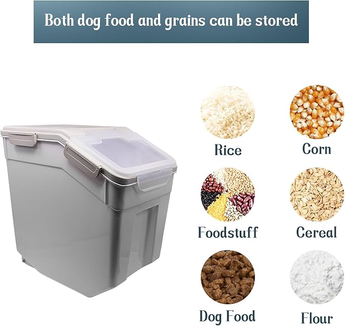 AnRui 2Pcs Airtight Flour Storage Containers 45LB, Large Rice Storage Container, Plastic Cereal Grain Dispenser Organizer Pet Dog Cat Food Storage Bin with Lid, with Measuring Cup, Scoop, Gray