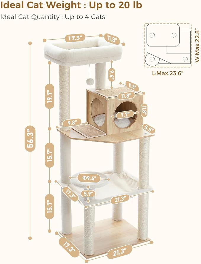 PETEPELA Wood Cat Tree for Indoor Cats Multi-Level Tower with Sisal Covered Scratching Posts, Cozy Condo, Super Large Hammock and Plush Perches Faux Rabbit Milk Fur Beige Rabbit Fur Wood Beige