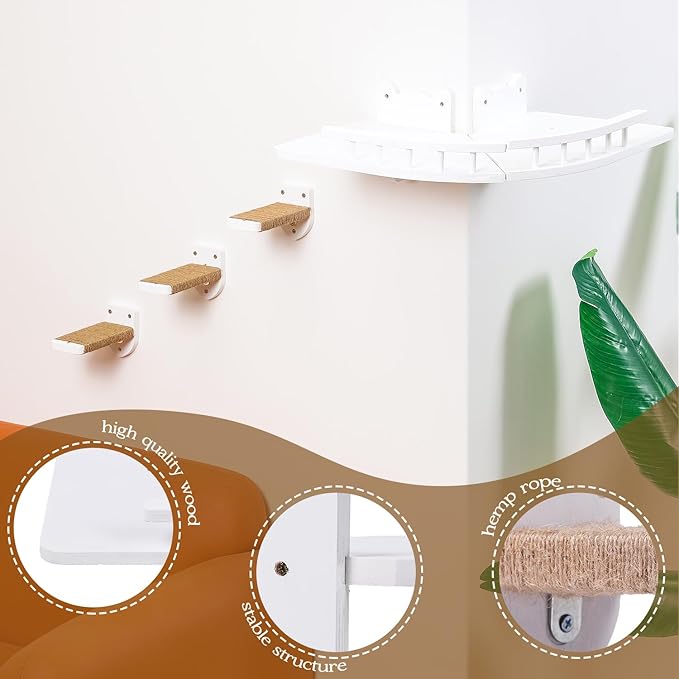 Cat Shelves for Wall, 2 Pcs Cat Wall Shelves with 3 Cat Wall Steps, Wood Cat Wall Furniture Set with Plush Covered, Wall-Mounted Cat Climbing Shelves Cat Perch for Indoor Large Cat (White)