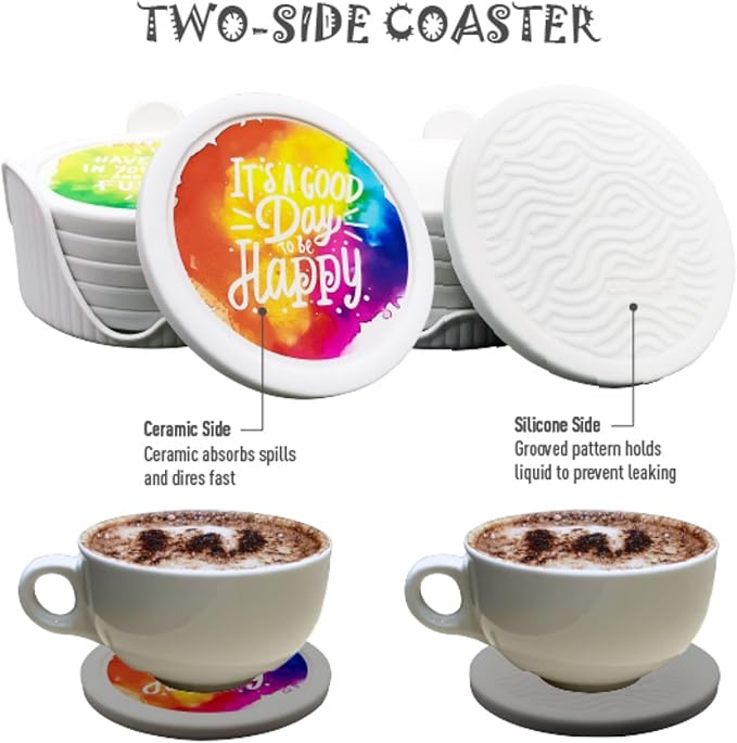 6-Pack Waterpaint Greeting Silicone Coasters with Deep Tray Holder - Double-Sided Drink Coasters - Beverage Mats for Hot or Cold Drinks - Thick, Non-Slip, Non-Stick Silicone with Ceramic Insert