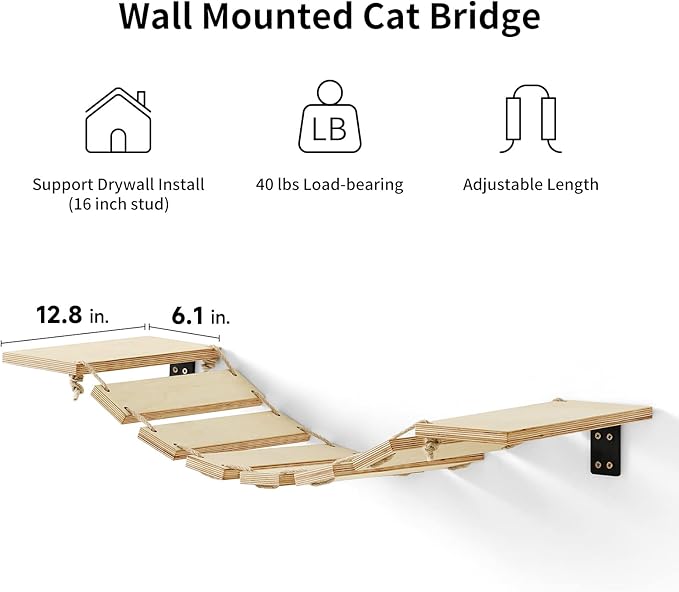 FUKUMARU Cat Bridge Wall Mounted, 12.8 in Wider Cat Shelf and Cat Climbing Step for DIY Cat Highway and Cat Wall, for Most Kitten, Medium and Large Cats